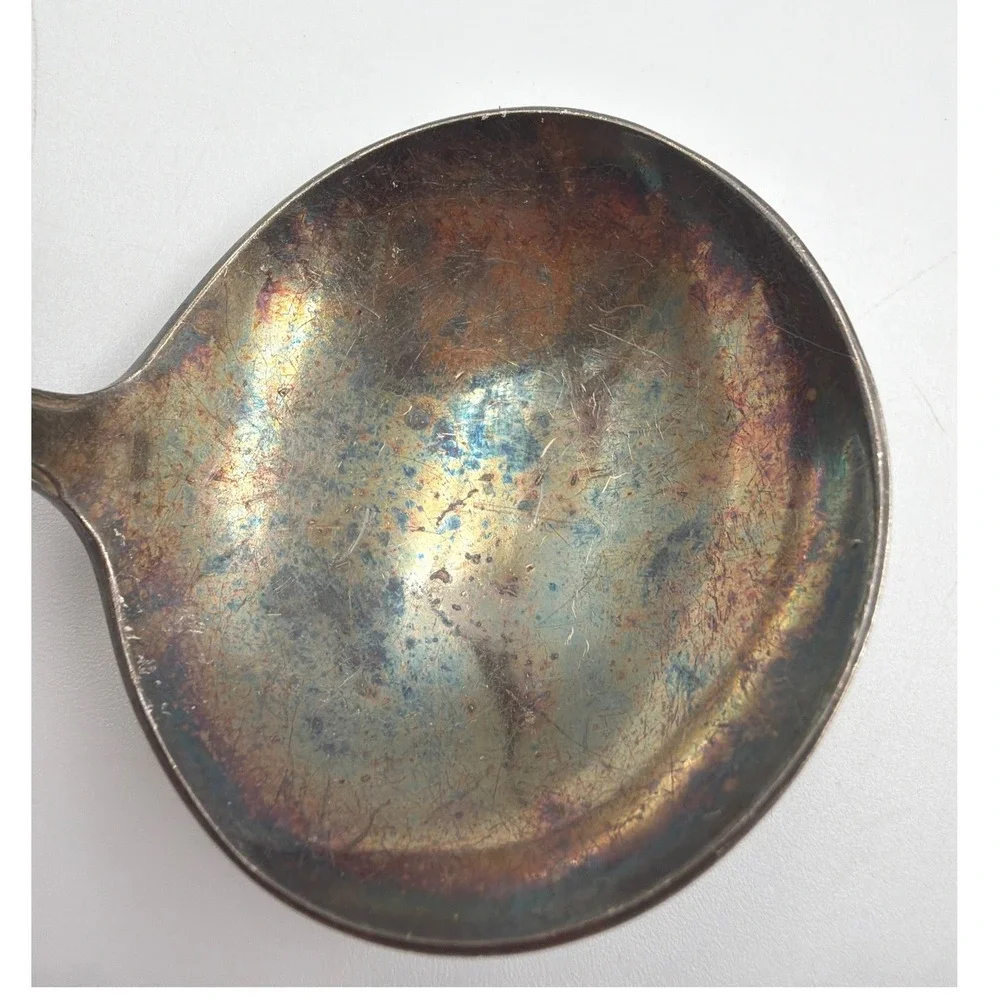 1847 Rogers Bros First Love Silverplate Cream Soup Ladle Heavy Patina 6.25in